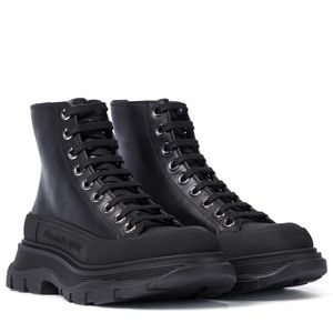 Alexander McQueen Black Leather Tread Slick Chunky Lug Sole Boot Sneaker 38.5